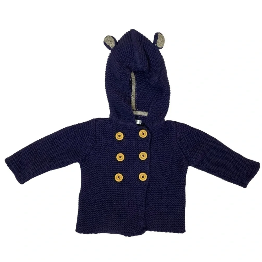 Baby Boden Unisex Blue Wool Cashmere Blend Chunky Knit Hooded Ears Cardigan